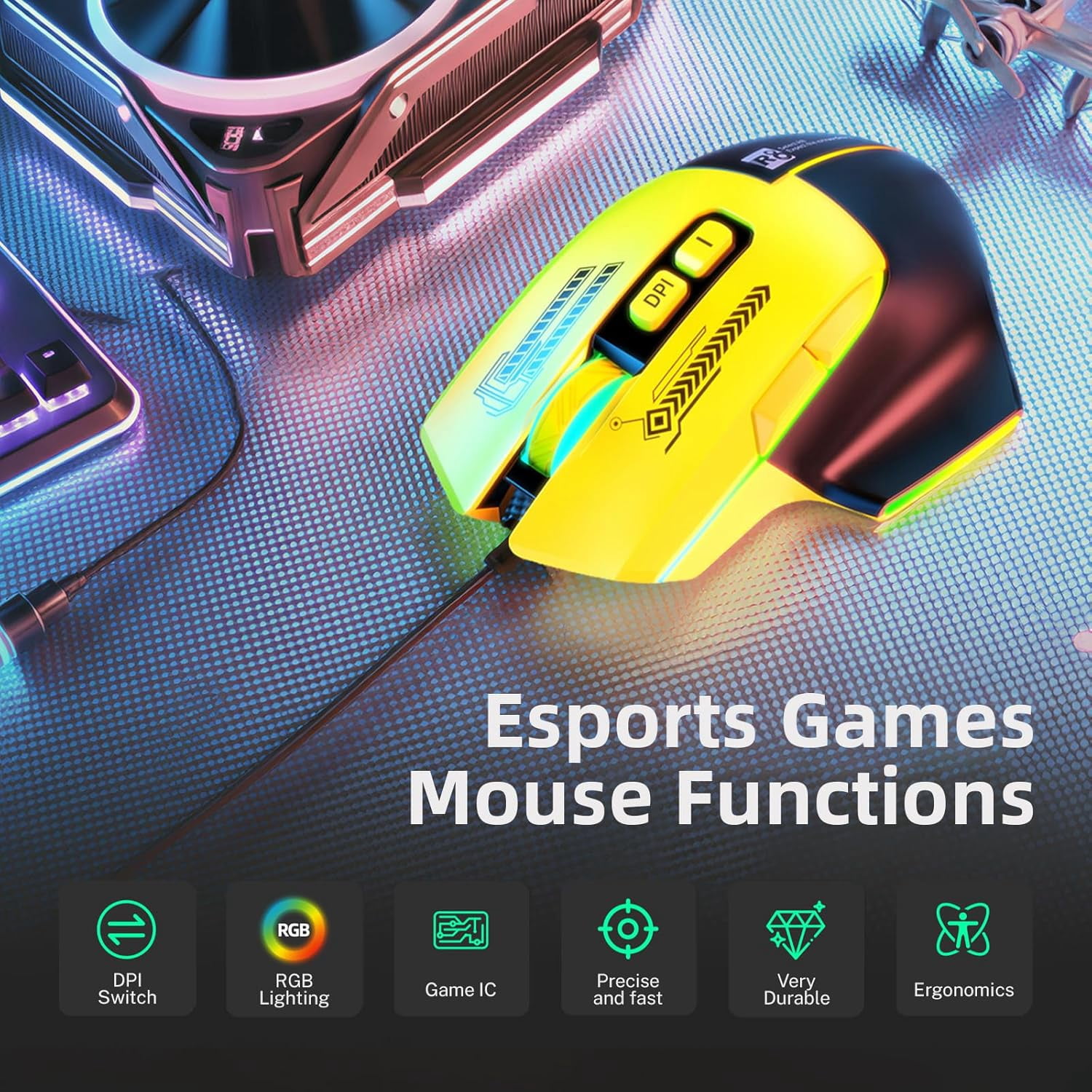 Wired RGB Gaming Mouse, 3600 DPI, 7 Programmable Buttons, Type-C Detachable Cable, Lightweight Silent Ergonomic Mouse for Laptop PC Mac