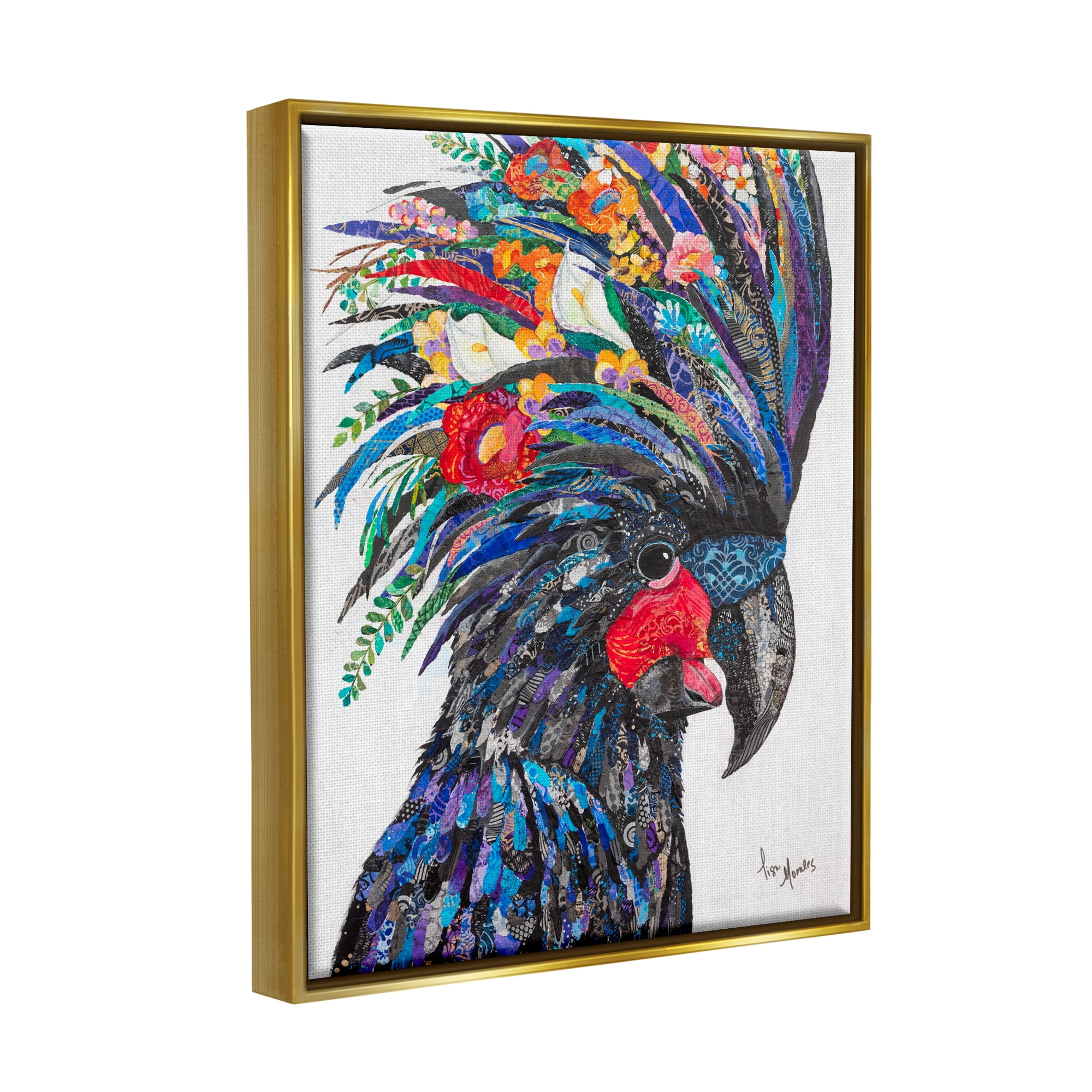 Stupell Industries Black Palm Cockatoo Bird Floral Pattern Collage Painting Metallic Gold Floating Framed Canvas Print Wall Art, Design by Lisa Morales