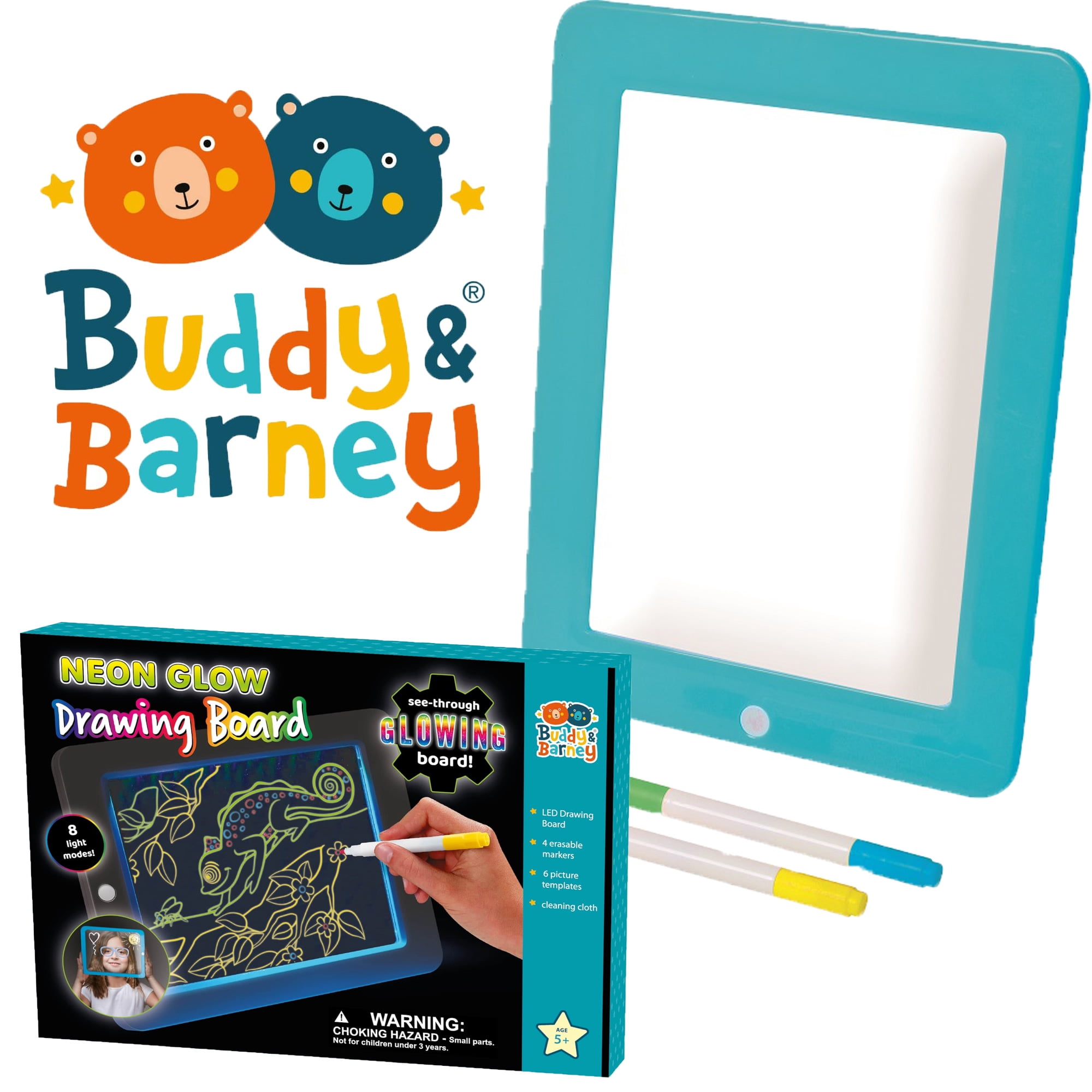 Buddy & Barney: Neon Glow Drawing Board - See-Through Light-Up Drawing Surface, 8-Mode Glowing LED, 4 Erasable Pens, Creative Activity, Kids Ages 5+