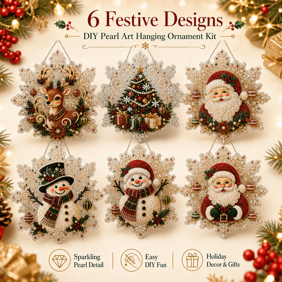 Christmas Pearl Diamond Painting Suncatcher Kit, DIY Pearl Craft Ornament with Snowflake Lace Edge, 8 and 12 Inch Holiday Diamond Art Hanging Decor Gift