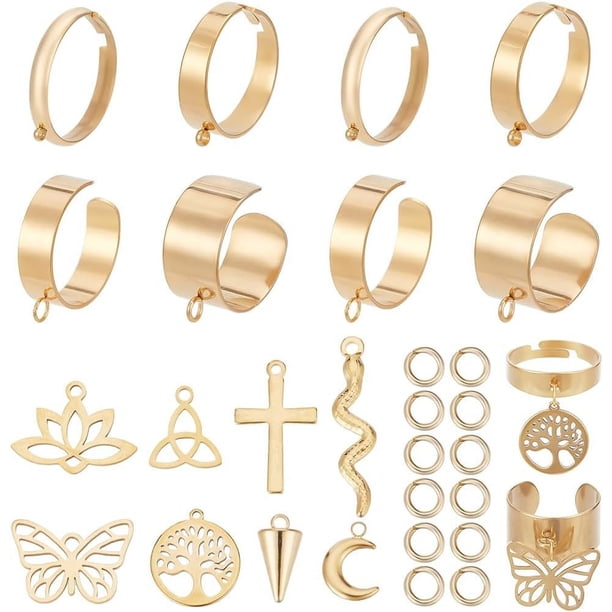 1 caja de 8 juegos de 36 anillos con dijes colgantes dorados de moda, anillos ajustables con diseño de mariposa y flores gruesas.