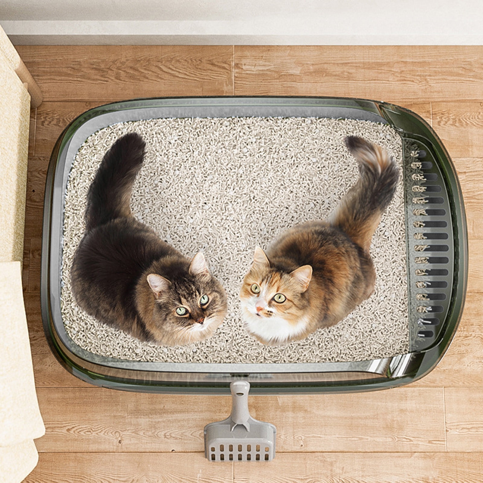 Grey Large Capacity Cat Litter Pan Semi Enclosed With High Sides 12L Thickened Plastic Includes Litter Scoop