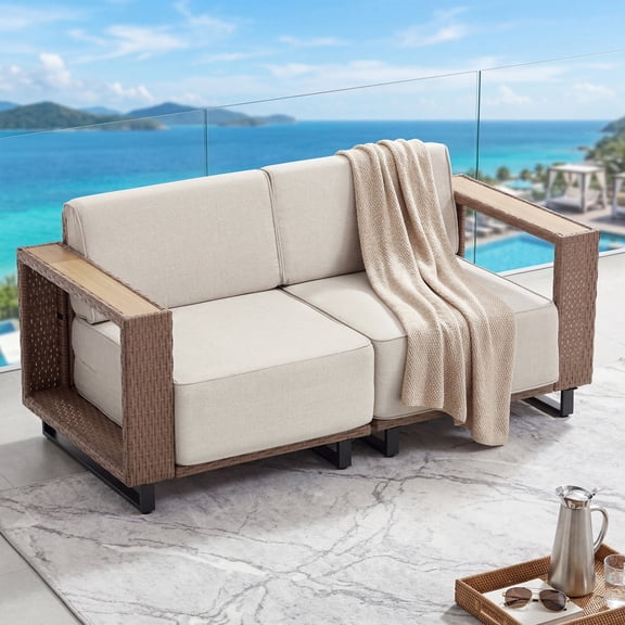 Ebello Outdoor Sofas & Sectionals - 2 Seater Wicker Patio Sofa Loveseat with Thick Cushions Wide Armrests Brown & Beige - LS-08