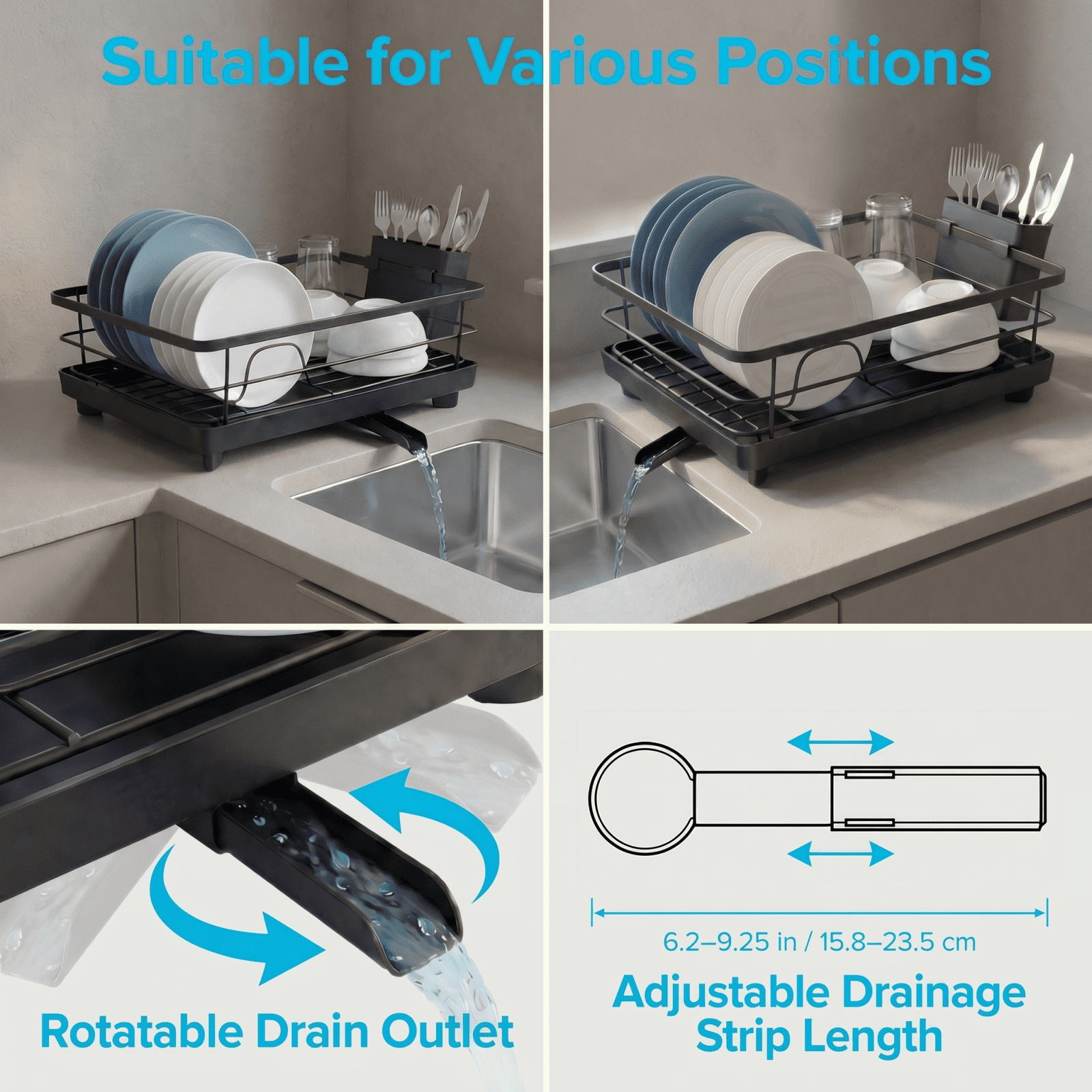 Metal Dish Drying Rack for Kitchen Counter (15.6" × 12") — Black Coated Metal with Removable Utensil Holder & Swivel Drainboard
