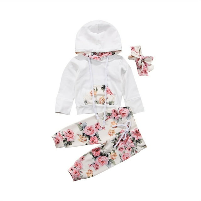 3PCS Newborn Kids Baby Girls Spring Sweatshirt Hoodies+Pants Headband Outfit Set 0-24M