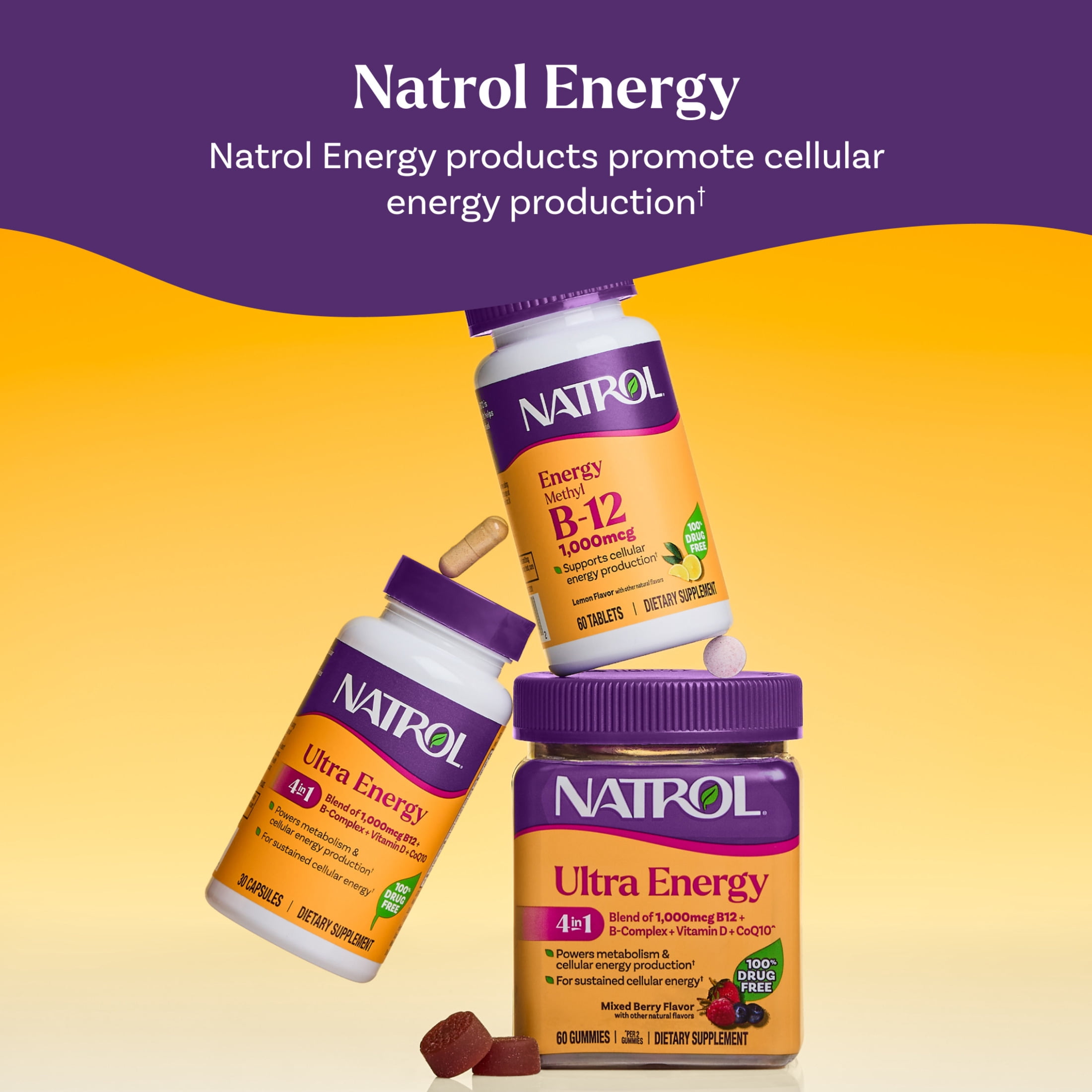 Natrol Ultra Energy 4-in-1 Blend 1000mcg B12, Vitamin B Complex, Vitamin D, CoQ10 Capsules 30 Ct, Vegetarian, Caffeine Free, Supports Cellular Energy Production