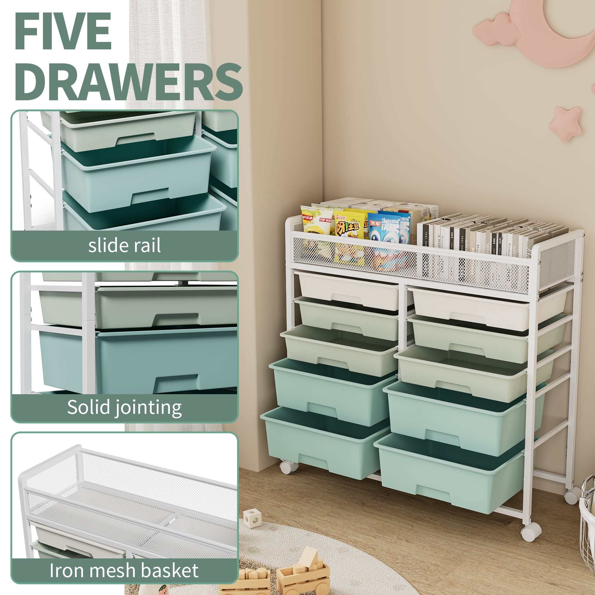 Leumius White Large Capacity 2-Row 10-Drawer Rolling Storage Cart, Metal Mesh Top Utility Organizer with Wheels, Multi-Layer Plastic Drawers for Kitchen, Bathroom, Bedroom, Office