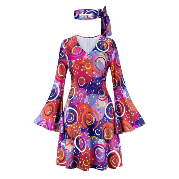 Grebrafan Women's Circle Print 60's 70's 80's Hippie Disco Dress S Purple