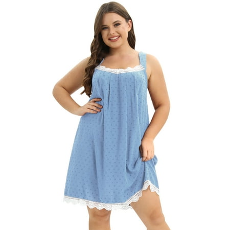 

WBQ Women s Plus Size Nightgown Chemise Sleeveless Sleepwear Swiss Dot Tank Nightshirt Full Slip Lace Square Neck Nightwear Soft Lingerie XL-4XL