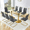 Table+8 Dark Gray Chairs, variant on Hi loPres 9-Piece Dining Set, 71" Tempered Glass Table with Gold Metal Pedestal Base and 8 Black PU Leather Chairs with Gold Legs for Dining Room