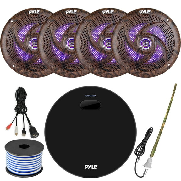 Pyle PLMRM4BTA Marine Water Resistant Bluetooth USB AUX Amplifier Receiver with 2 Pairs of 6.5'' 240W Camouflage Waterproof Marine LED Speakers, Rubber Mast Antenna, 18 Gauge Wire, USB/AUX Interface