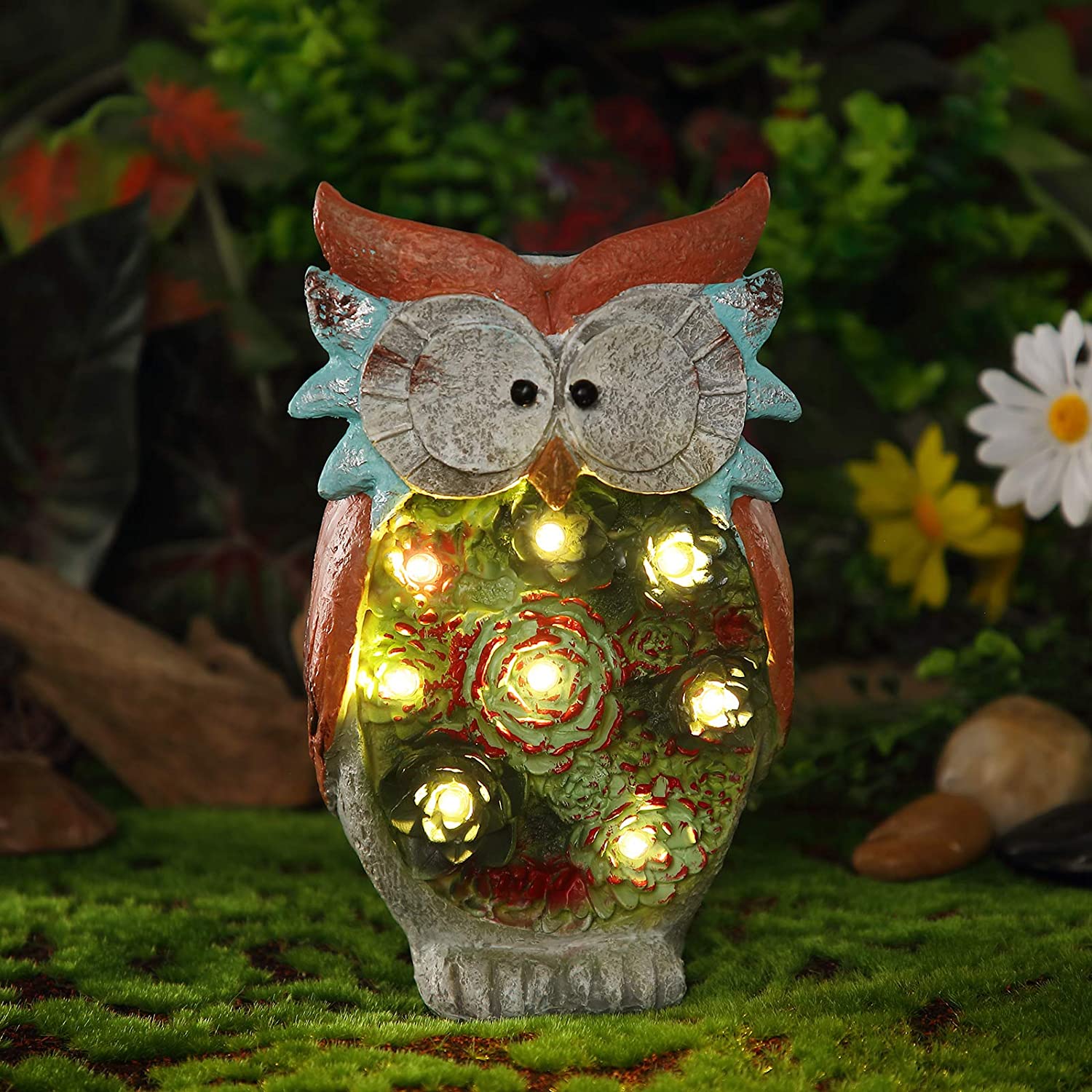 Owl Solar Light Garden Statue LED Light Cute Resin Owl Figurine with 8 ...