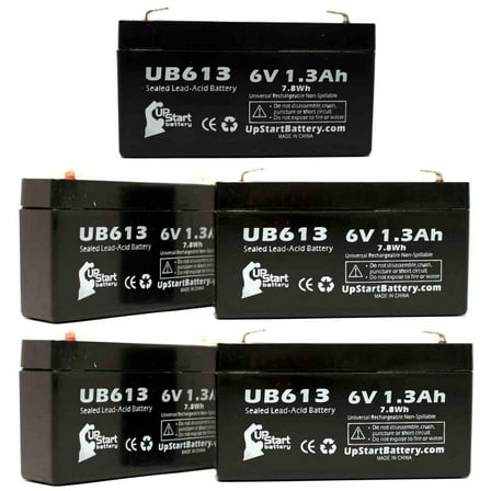 5x Pack - Compatible SONNENSCHEIN A206/1.2U Battery - Replacement UB613 Universal Sealed Lead Acid Battery (6V 1.3Ah, 1300mAh, F1 Terminal, AGM, SLA) - Includes 10 F1 to F2 Terminal Adapters