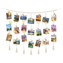 Macrame Hanging Photo Display Wall Decor with String Lights Boho Wooden Beads Garland Collage Picture Card Frame Holder with 45 Clips for Bedroom Living Room Christmas Wedding Party