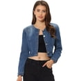 thumbnail image 2 of Chaqueta de mezclilla para mujer Chaquetas de mezclilla cortas con botones sin cuello Azul L, 2 of 2