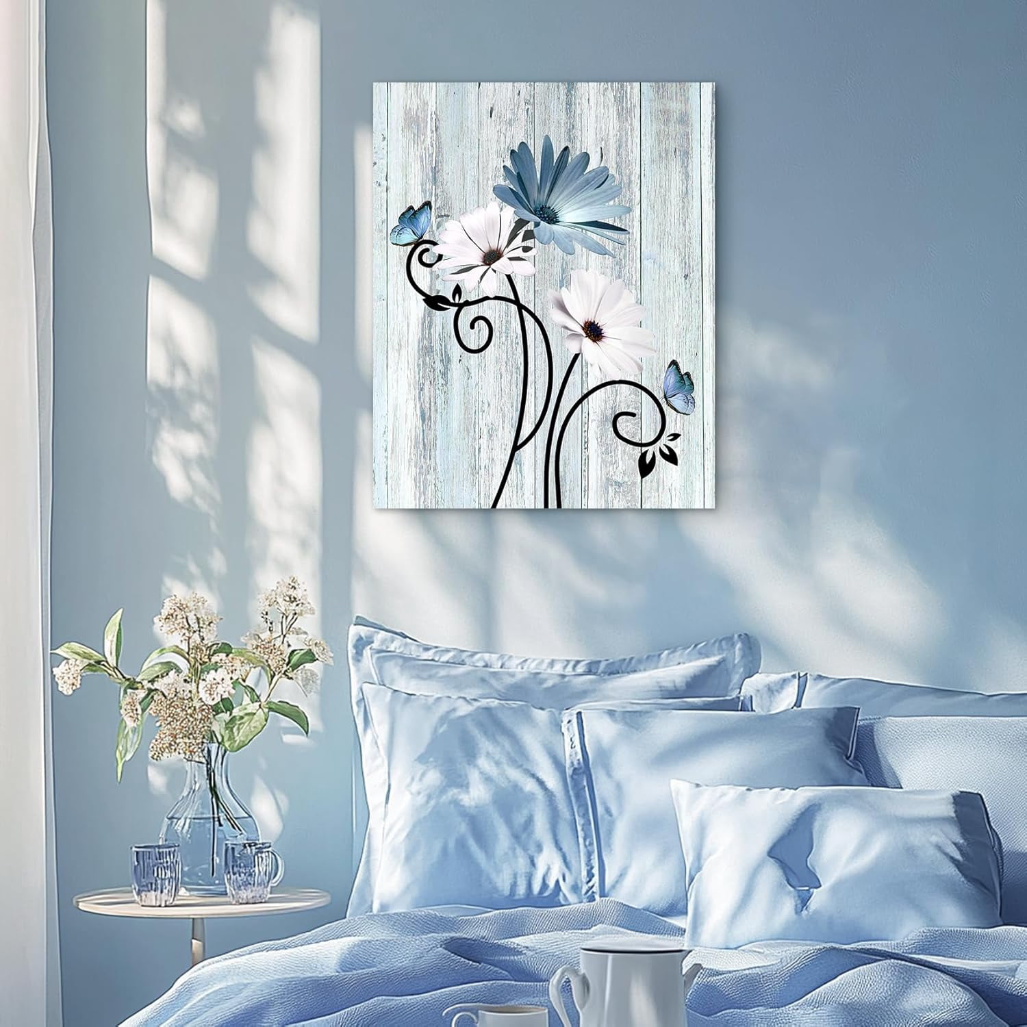 Floral Canvas Wall Art - Daisy & Butterfly Botanical Wall Decor, Rustic Farmhouse Pictures for Living Room, Bedroom, Bathroom & Home Office