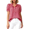 thumbnail image 2 of Summer Tops for Women's Ruffled Blouse Puff Sleeve V Neck Button Front Plaid Shirt, 2 of 6
