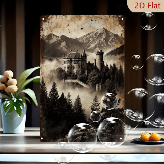 Vintage Fairytale Castle on Misty Hillside with Snow-Capped Mountains, Gothic Stone Turrets and Pine Forest, 8x12 Inches Metal Wall Art for Home Decor