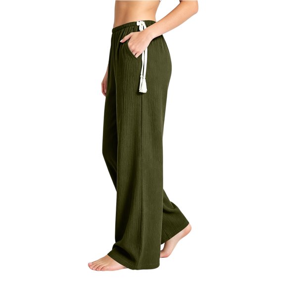 ClodeEU Women's Elastic High Waist Tassel Drawstring Wide Leg Pants, Casual Loose Trousers with Pockets Army Green,Women's Plus L