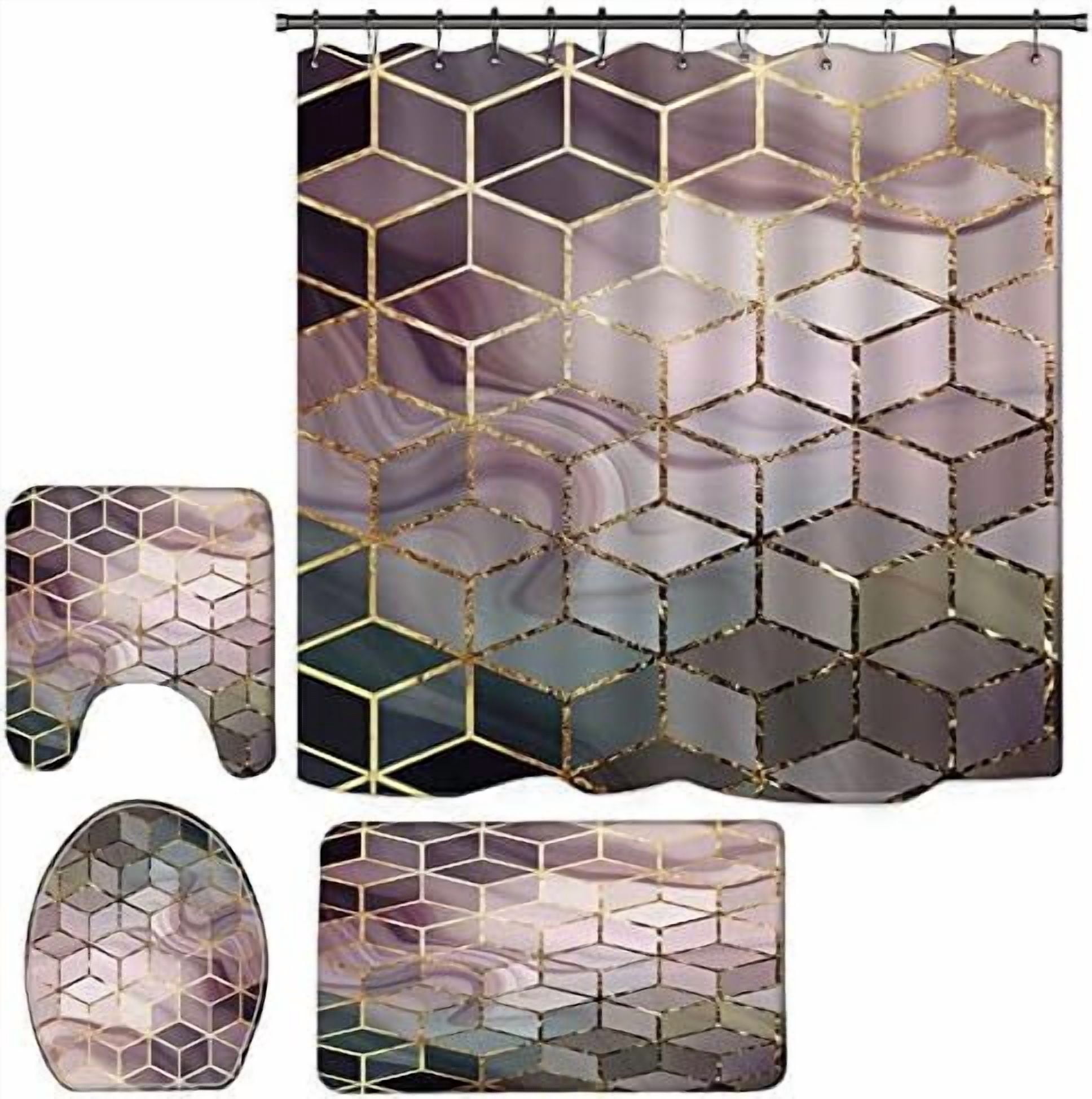 Bathroom 4pcs Black Gray Marble Shower Curtain with Bathroom Carpet Set