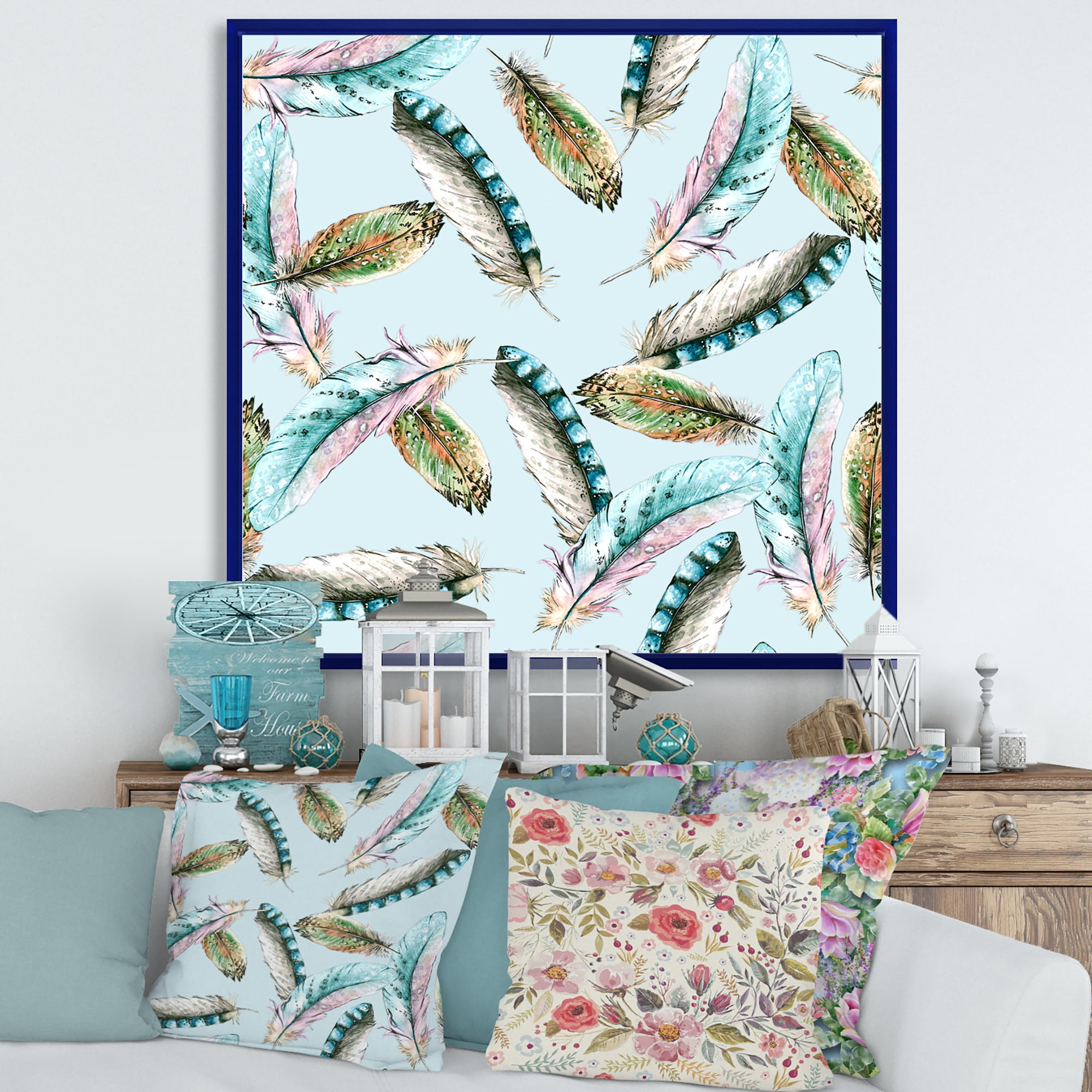 Green Bird Feathers On Blue Background 30 in x 30 in Framed Painting Canvas Art Print, by Designart