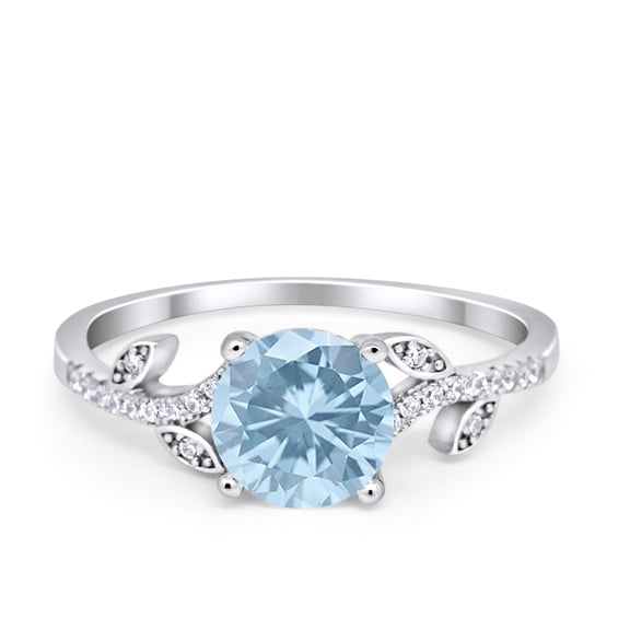 Leaf Style Ring Round Aquamarine Cubic Zirconia White Gold 925 Sterling Silver, Size 5
