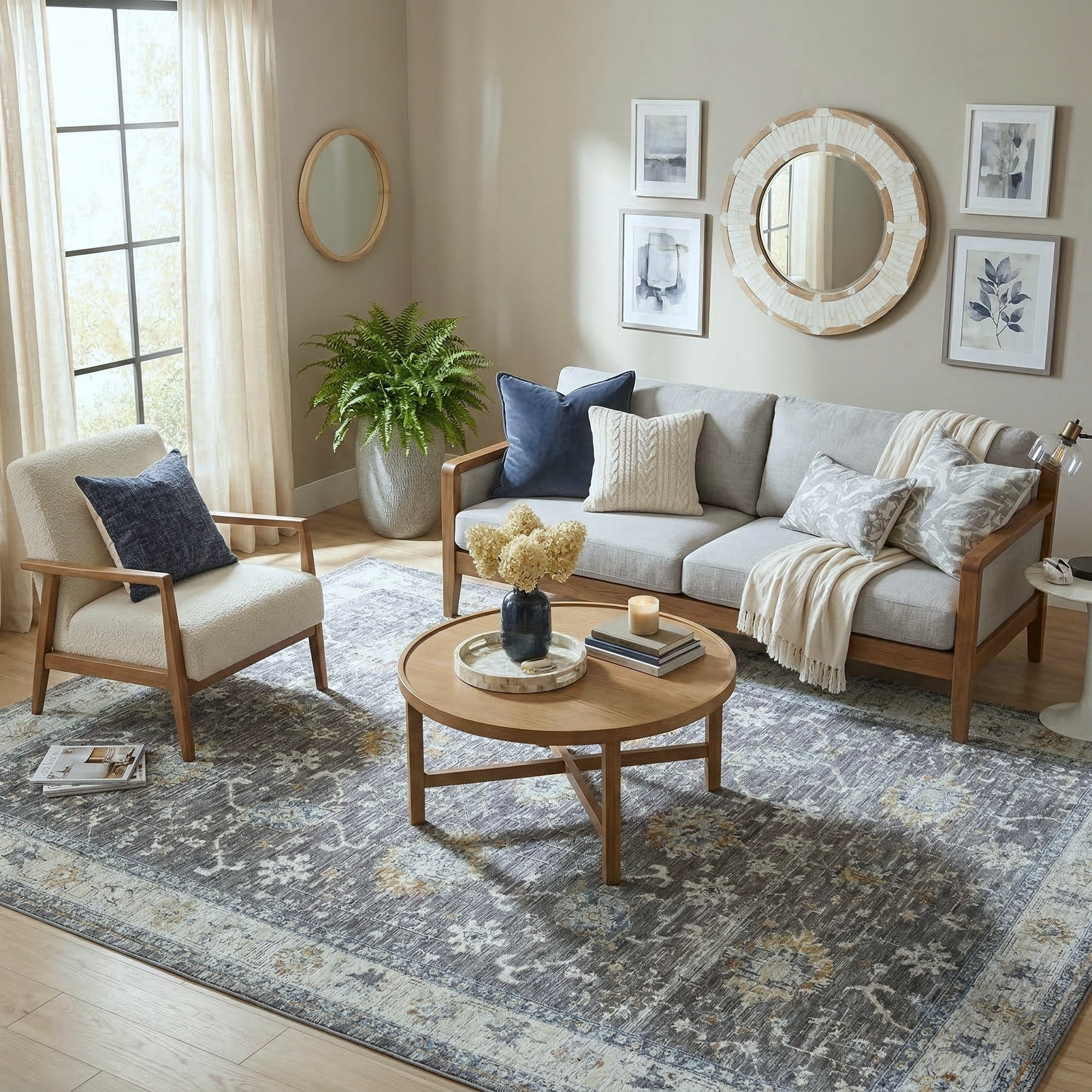 Harlow Hill Alison Sunny Bordered Floral Indoor Polyester Area Rug, Light Gray/Blue, 10' x 14'
