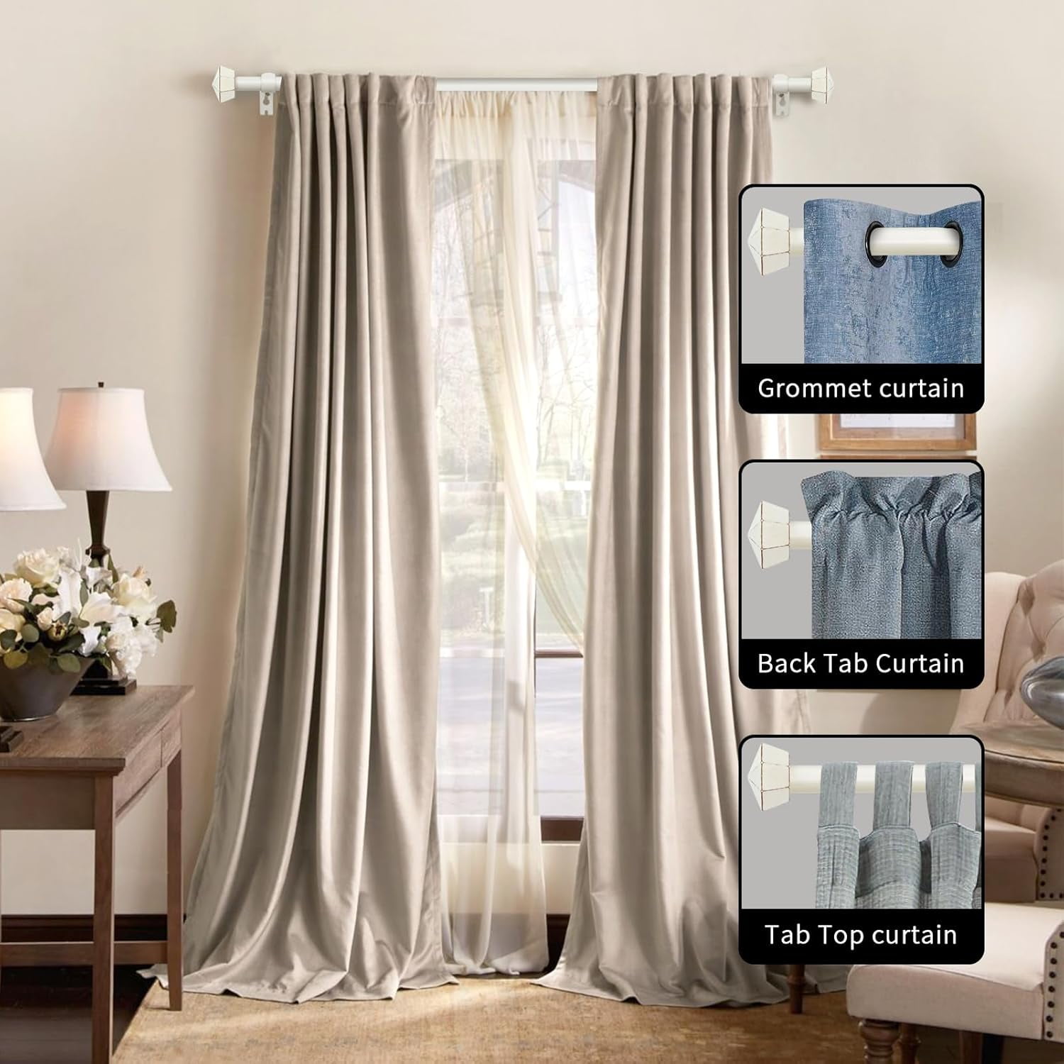eTeckram 5/8" Double Curtain Rod with Chiodo Finials,Weathered White,28‘’-48‘’