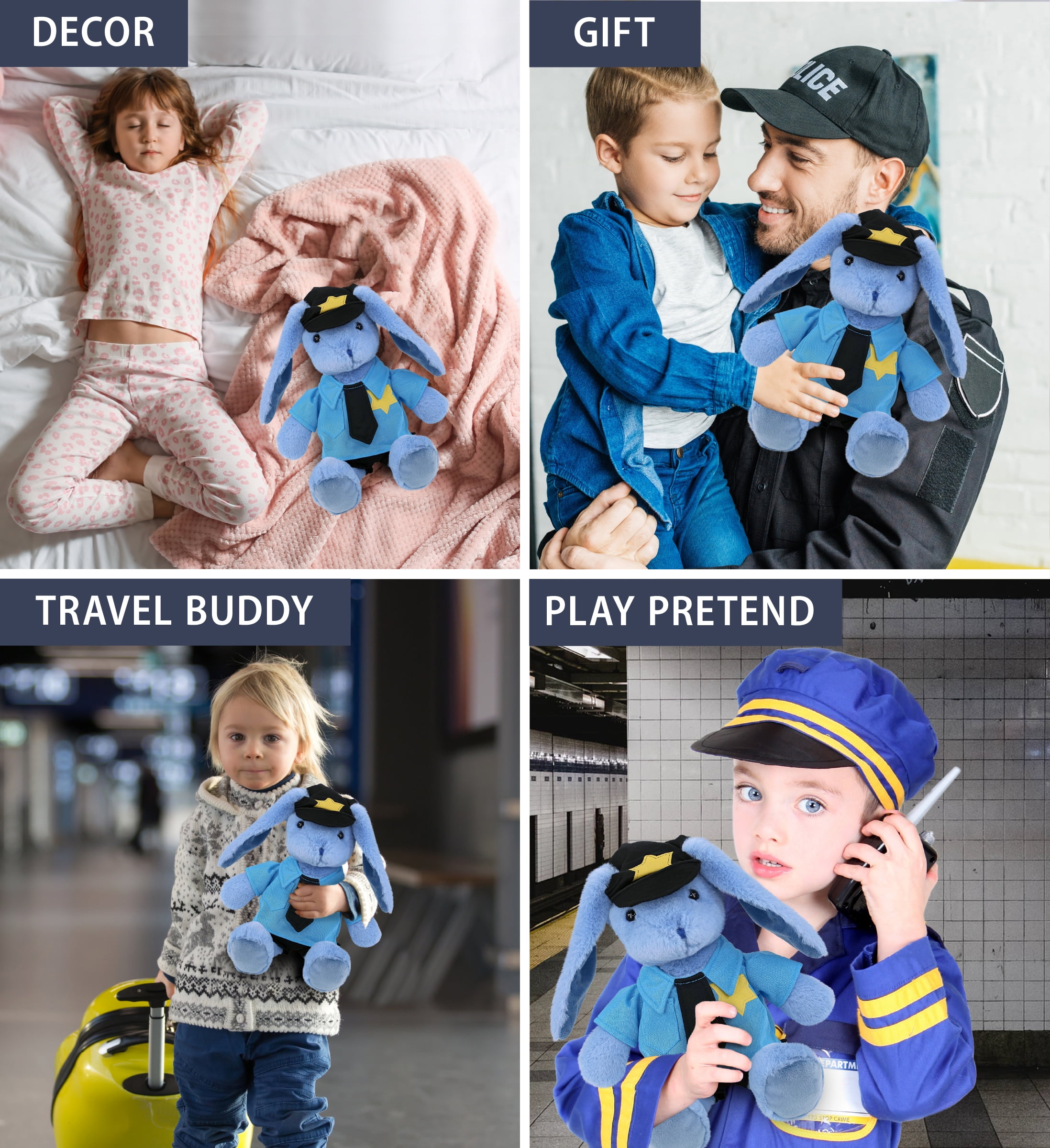 DolliBu Baby Blue Rabbit Police Officer Plush Toy – Super Soft Blue Rabbit Cop Stuffed Animal Dress Up Cop Uniform and Cap Outfit, Fluffy Blue Rabbit Policeman Toy Plush Gift for Kids – 8 Inches