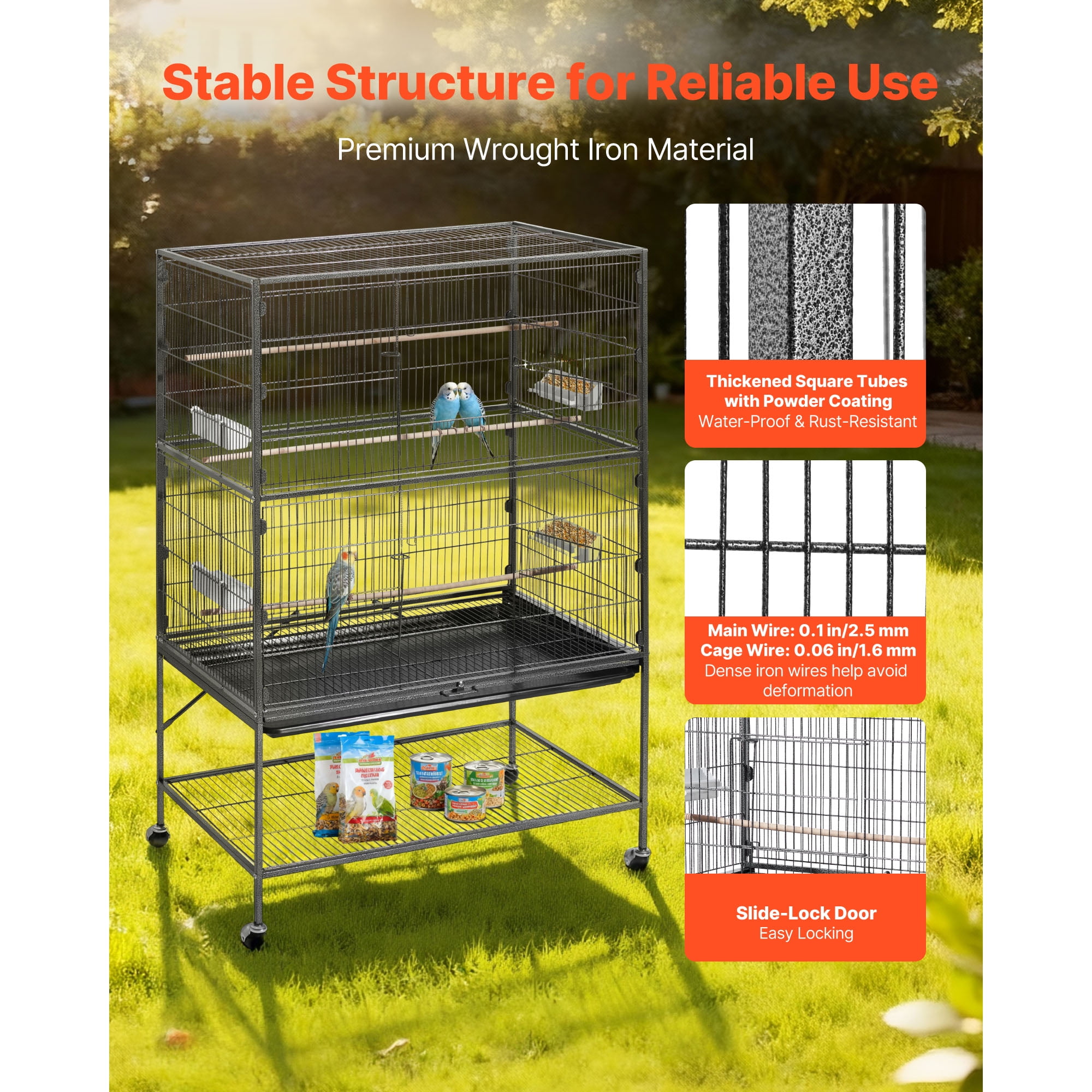 KFFKFF Spacious Bird Cage, 36.6 x 22.8 x 59.5 inch, Flat Top Design, Durable Wrought Iron Construction with Perches, Removable Tray, and Plastic Feeders, Suitable for Various Bird Species