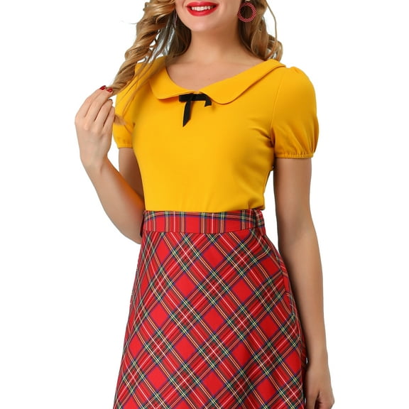 INSPIRE CHIC Womens Bow Neck Solid Short Sleeve Peter Pan Collar Blouse Casual Summer Top L Yellow