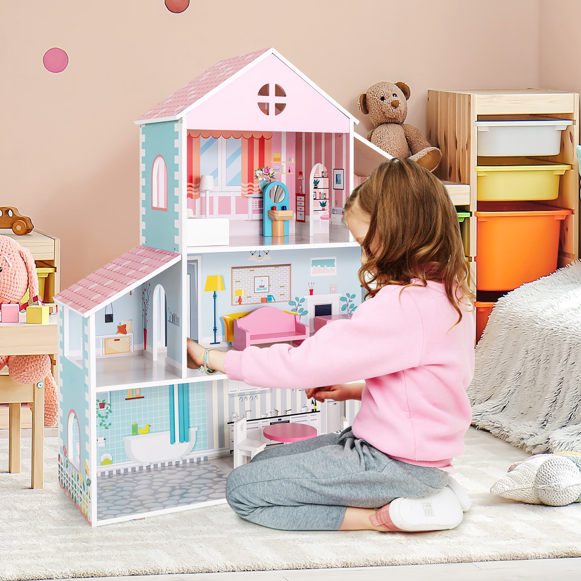Costway Wooden Dollhouse For Kids 3 Tier Toddler Doll House W Furniture Gift For Age 3