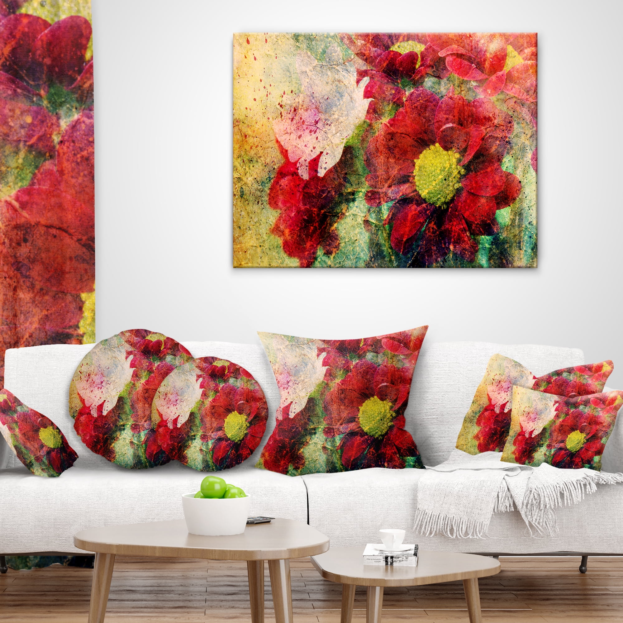 Designart Red Flowers and Watercolor Splashes - Flower Throw Pillow - 18x18