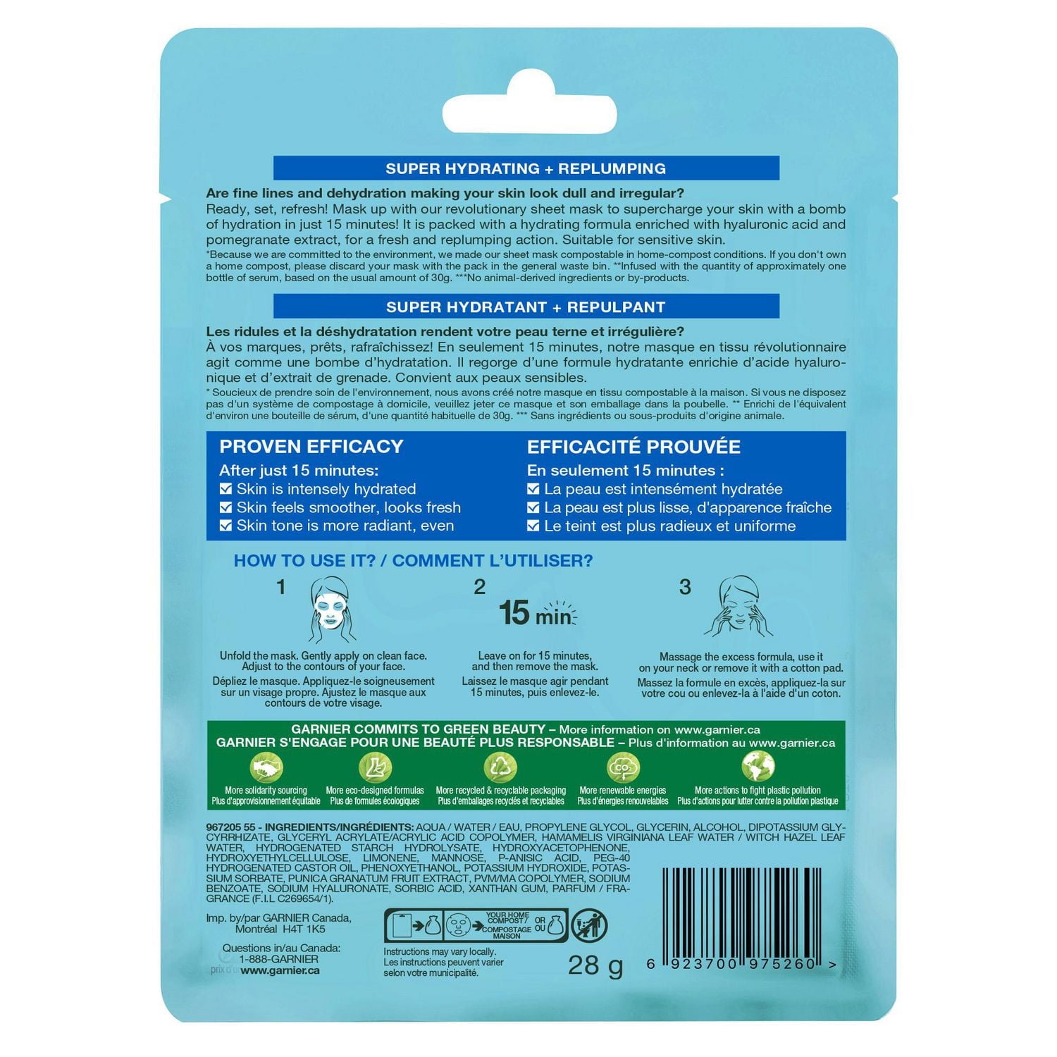 Garnier SkinActive Moisture Bomb Le masque super hydratant avec grenade, 32 mL 1 masque