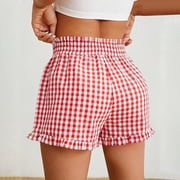 Lovzfmll Shorts for Women, Comfy Gingham Plaid Beach Bottoms with Pockets, Casual Ruffle Hem Lounge Sleep Shorts for Summer Red XL