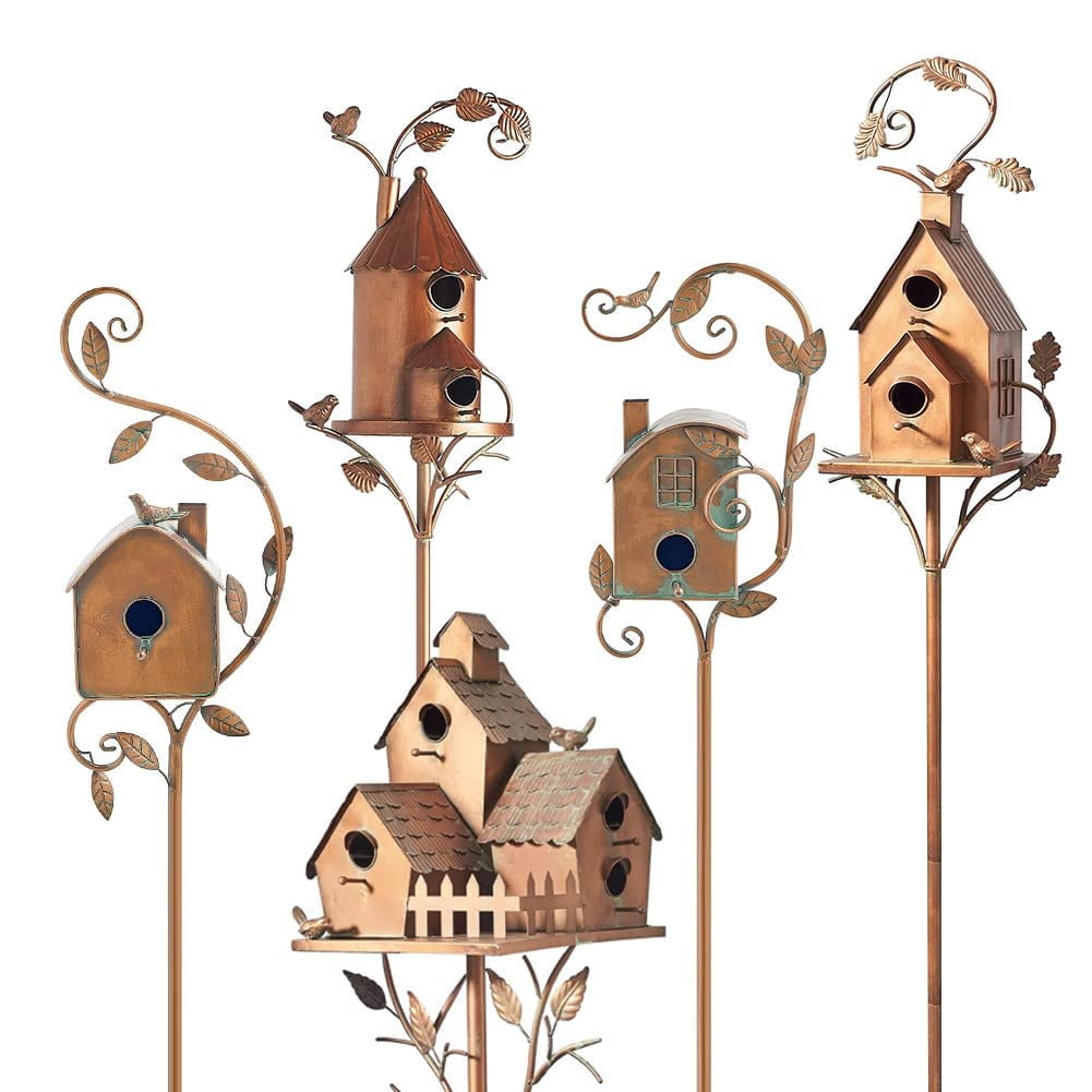 5Pack Outdoor Metal Birdhouse Stake, Copper Cottage Bird House Stakes