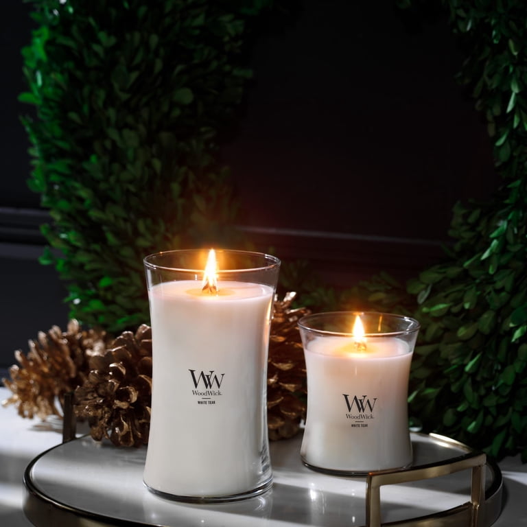 WoodWick Large Hourglass Scented Candle, Crackles as it Burns, White Teak, 21.5 oz