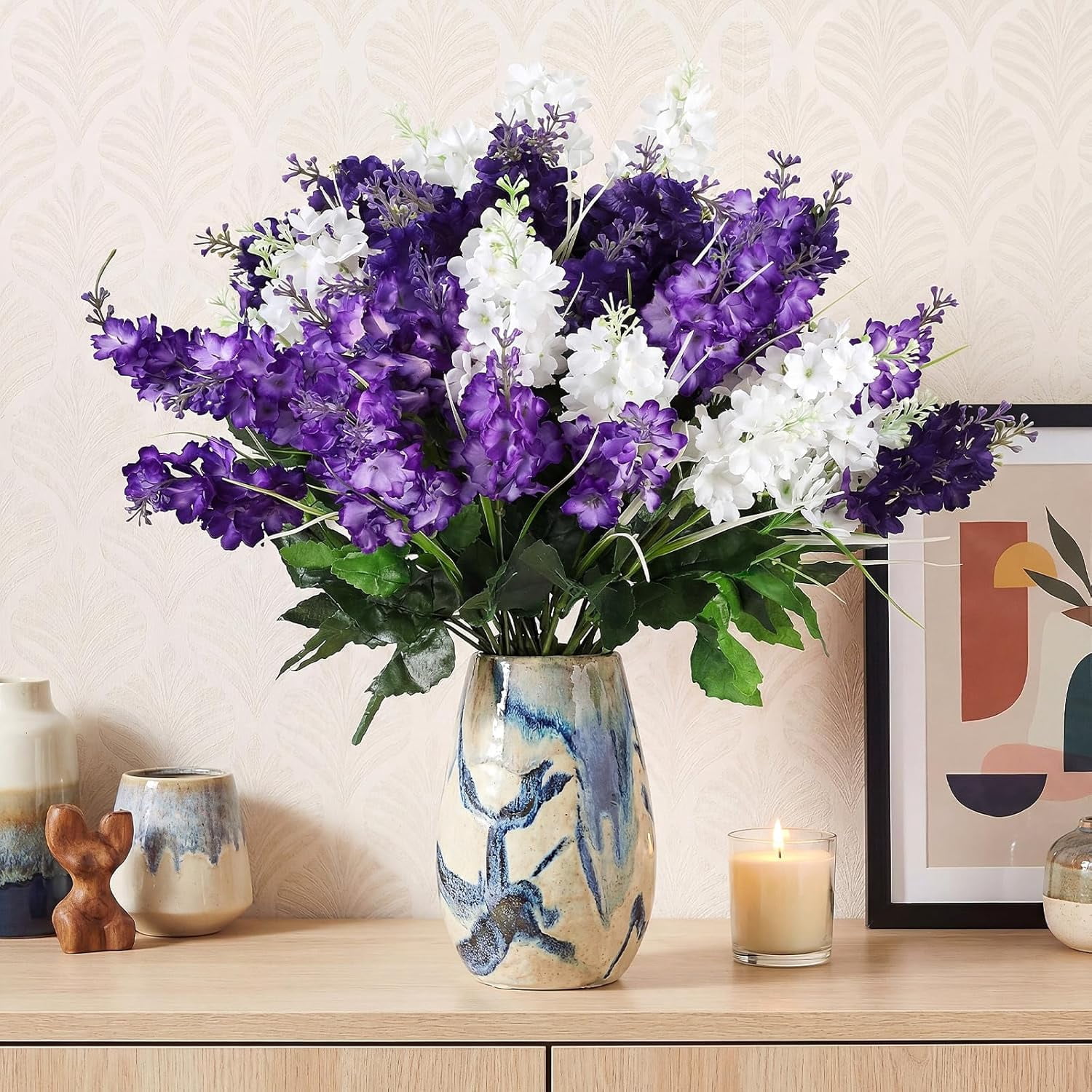 12 Pcs Artificial Flowers Outdoor, 14'' Fake Silk Hyacinth Flowers UV Resistant Bulk for Wedding Home Garden Offices Spring Summer Decor Floral Arrangement(Light Purple,Purple,White)
