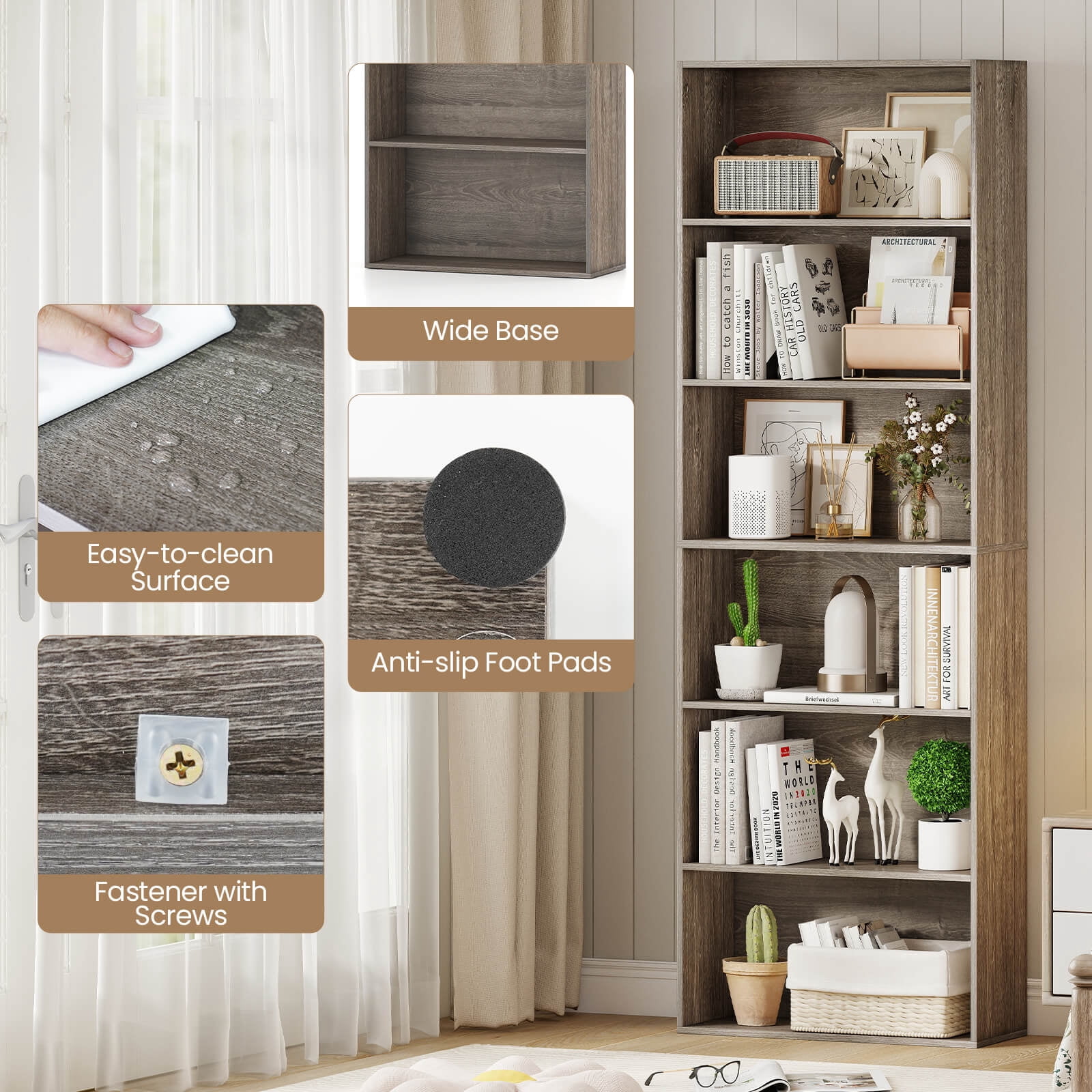 Costway 6-Tier Bookshelf with Open Shelves, Anti-Tipping Kits for Living Room Bedroom Study Gray