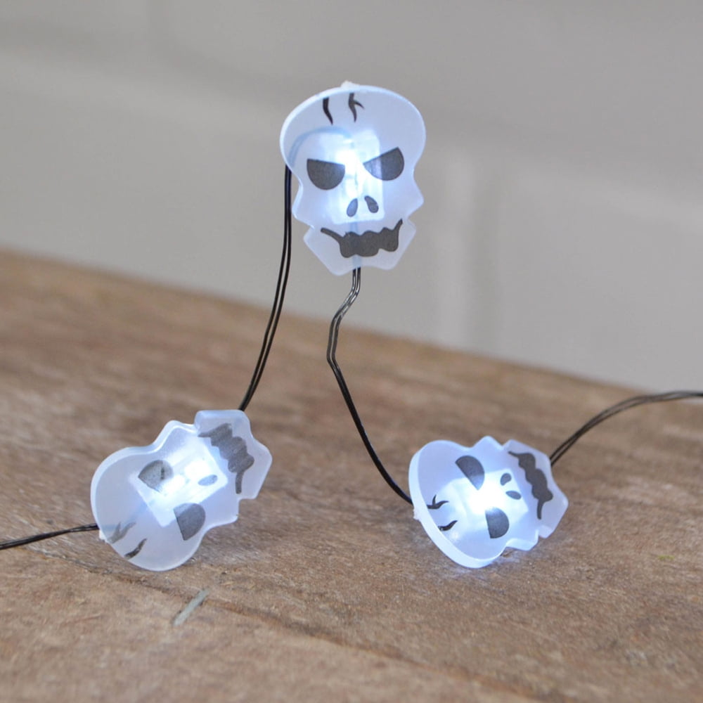 40" Acrylic B/O White Skull Micro LED Skulls 20 Light String Halloween