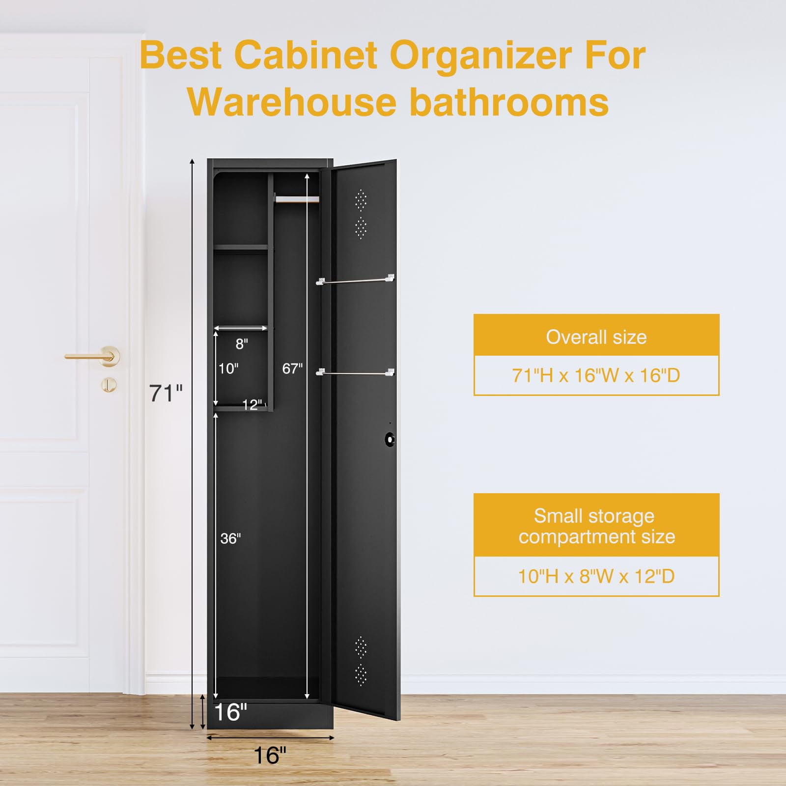 STANI Broom Closet Storage Cabinet Metal Cleaning Tool Cabinet Janitorial Utility Cabinet Cleaning Supplies with Locking Door Broom Rack Shelf for Broom Mops Garage Storage 71" Black