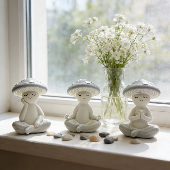 syligr Cute Yoga Mushrooms Decor, Meditation Zen Desk Ornament for Office Home, Resin Figurine for Living Room Shelf Decor, Mindfulness Gift for Women Men, Decorative for Bookshelf, Stress Relief