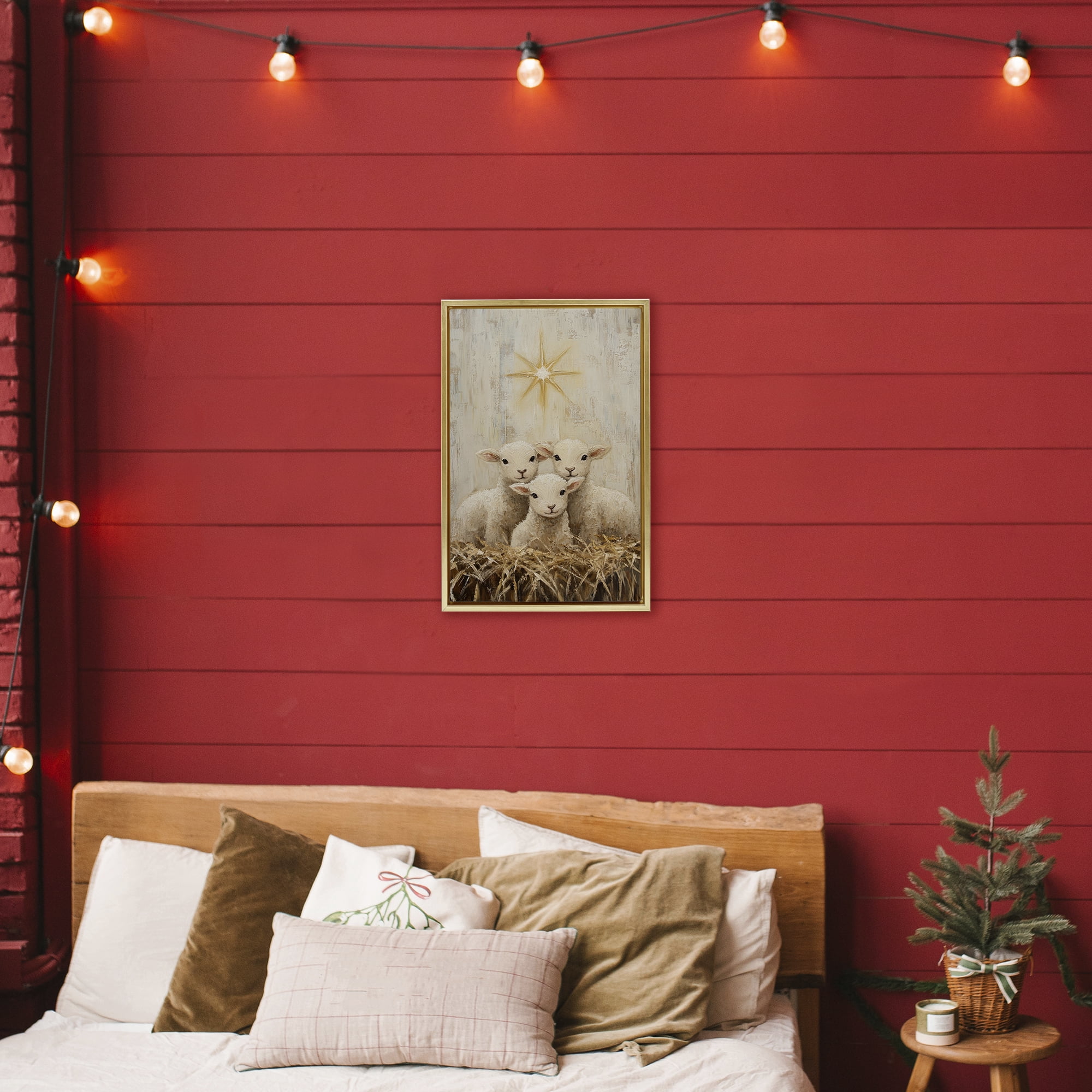 Christmas Lambs Trio Gold Framed Floater Canvas Wall Art, design by Petal Prints Design