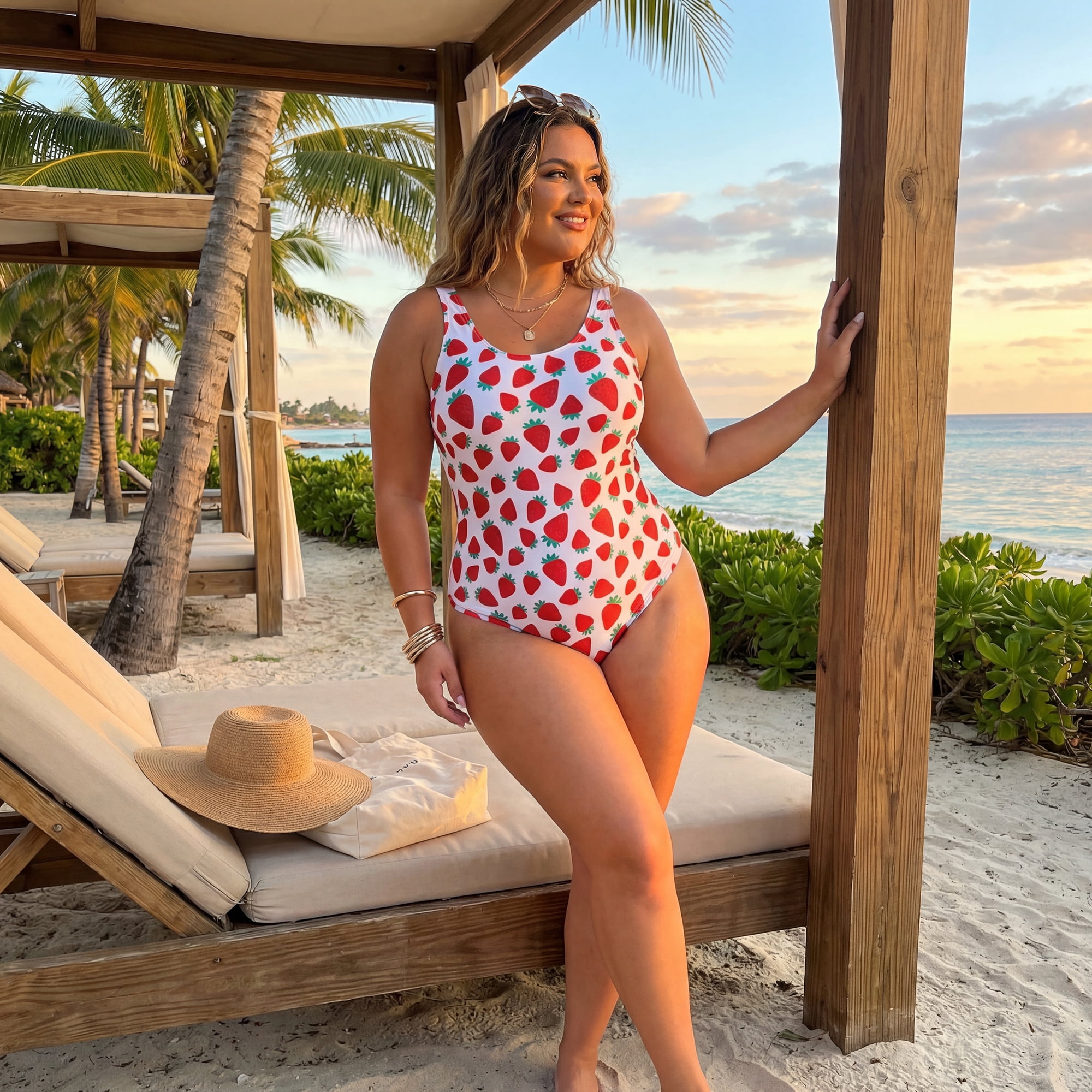 DARING DIVA Women's Plus Cute Strawberry Pattern Swimwear Bathing Suits L White