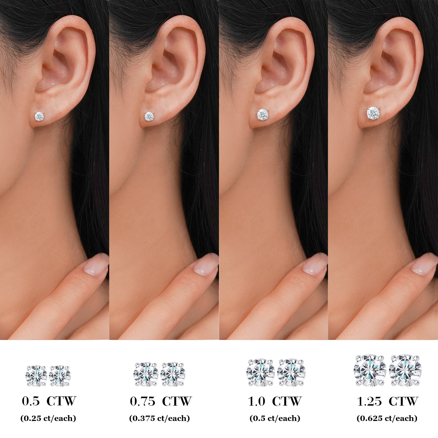 JeenMata Lab Grown Diamond Earrings 1 Carat Round Cut 18K White Gold Plated Solitaire Studs for Women