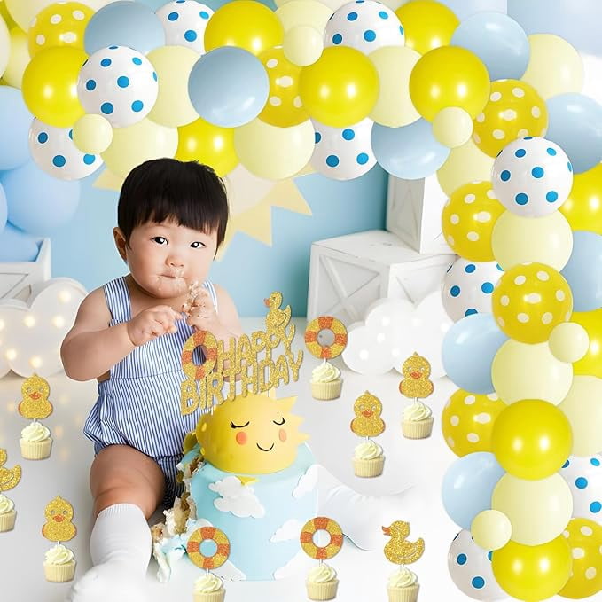 Duck Theme Birthday Party Decorations Duck Blue Yellow Balloons Arch Garland Kit Ducky Happpy Birthday Banner Cake Cupcake Toppers for Boys Girls 1st 2nd 3rd Birthday Party Decor Supplies