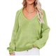 thumbnail image 1 of Jersey con cuello en V, Top de punto, moda, transpirable, manga larga, suéter suelto de punto para mujer, verde S, 1 of 6