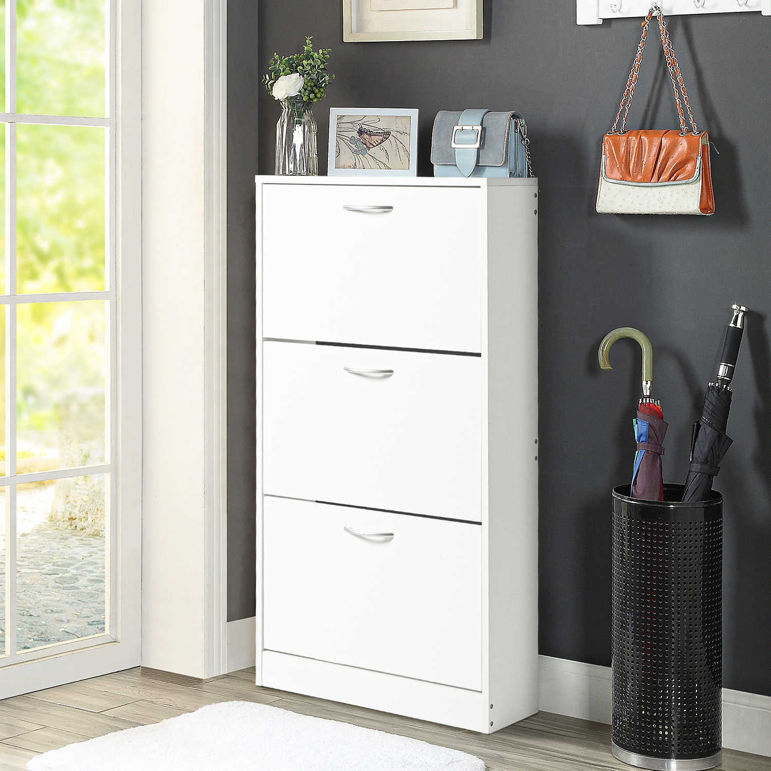 Topcobe 3 Tier Modern Wooden Shoe Storage Cabinet Freestanding Shoe Rack Shelf Organizer with 3 Flip Drawers for Entryway Hallway White Walmart