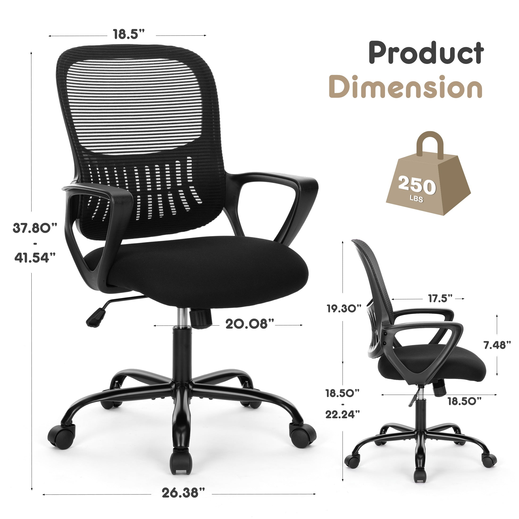 Gianna Ergonomic Mesh Office Chair with Lumbar Support, Armrests, Wheels, and Mid-Back Design for Home or Office Use, Black