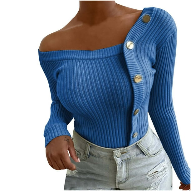 Tops de Mujer Elegantes Blusas Casuales Camisas de Moda Cuello en V Manga Larga Botón Tejer Camiseta Odeerbi ODB165403